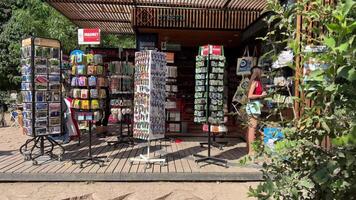 ikoner magneter vykort allt Vad är såld i de nian kiosk på de Strand av sjö blå öga attraktion anges i unesco video