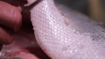 red fish salt chef cuts a fillet of fresh red fish with a knife. Cooking salmon raw meat for steak slow motion close up view video