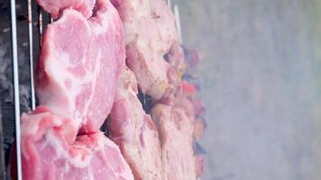 grillad eller panorera friterad fläsk käft på de ben med vitlök och rosmarin kött shashlik, också känd som shish kebab, är grillad på en träkol grill. skivor av kött utsökt traditionell caucasian kött maträtt video