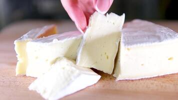 Camembert formaggio il giro, rotazione nel cerchio. Camembert grigliato formaggio, girando. selettivo messa a fuoco. video