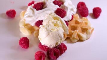 bord van wafels versierd met chocolat saus en vers bessen geïsoleerd Aan wit achtergrond wafels met frambozen video