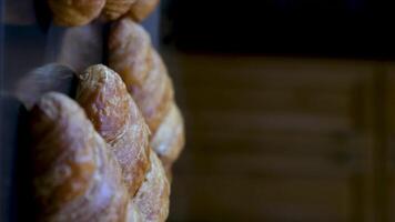 heerlijk croissants Aan een bakken vel vrouw hand- bochten hen in de omgeving van de as zichtbaar licht glitters smakelijk restaurant professioneel chef bakken bakkerij ontbijt zwart achtergrond Frans video