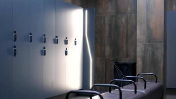 Nice school changing room interior. Men's dressing room with blue metal lockers in the college gym. American locker room gym school interior. Office wardrobe, locker room in sport club. Dressing room video