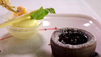 Delicious fresh fondant with hot chocolate and mint on white plate, closeup vanilla ice cream physalis video