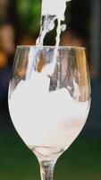 vertical beautiful background for advertising In the summer, the bartender is pouring ice into a glass with a refreshing fizzy drink. video