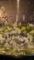 aggiungendo tritato aglio e Zenzero per Manzo nel un' frittura padella frittura crudo carne nel oliva olio avvicinamento orientale cibo vermicelli wok inizio di cucinando caldo olio spruzzi crudo carne durante cucinando video