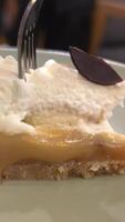 rupture de une pièce de Pomme gâteau avec crème et Chocolat avec une fourchette. caramel s'étire délicieux à la recherche appétissant assiette avec pièce de savoureux citron tarte et tasse de thé sur blanc en bois table video