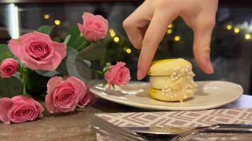 Close up footage female hand holding yellow macaroon and crushing it yellow macaroons take by hand video