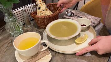 Healthy eating, cooking mushroom cream soup in a bowl. Eating healthy vegetarian dinner. video