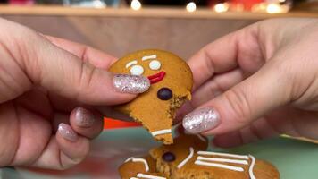 rotura el pan de jengibre hombre dentro diferente partes destruyendo el concepto de final de vida fiesta fiesta galletas cerca arriba en el manos de un mujer el final de Navidad video