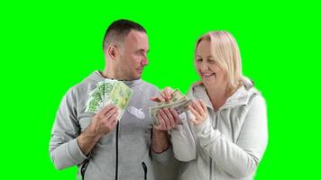 chroma sleutel, groen achtergrond, middelbare leeftijd vrouw vraagt man voor geld naar kopen dollars en euro, de man duurt een een deel van het, de vrouw telt geld, veel verschillend emoties, gesprekken, een kus video