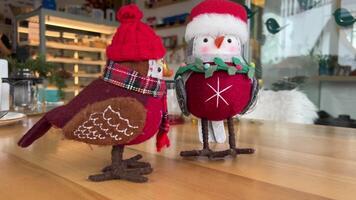 dos aves camachuelos hecho desde hogar hecho tela en el mesa con bufandas concepto invierno invierno calor Navidad esperando a mantener calentar decoración en un café para niños juguete nuevo año video
