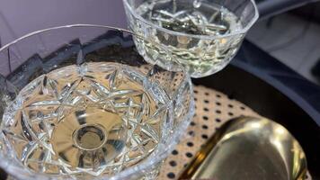 skål fat de servitörer hälsa gäster med alkoholhaltig drycker. champagne, vit vin video