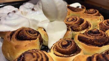 verser crème sur cannelle Rouleaux. fraîchement cuit fait maison cannelle chignon cuit cannelle petits pains dans four. production de cannelle Rouleaux. cuisinier cannelle chignonstimelapse cannelle chignon cuisson et en hausse sur plateau dans el video