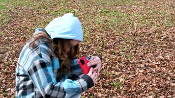 outono ou Primavera caído folhas uma menina com uma vermelho telefone faz fotos a partir de a inferior acima uma vermelho caso para uma Móvel telefone dentro uma encapuzado xadrez azul Jaqueta adolescente dentro a parque video