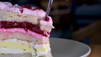 äter cheesecake med en gaffel. tar bita av cheesecake. ljuv efterrätt mat stänga upp av en rosa jordgubb kaka virvlande på en vit tallrik. video