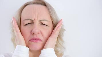 screaming loudly dissatisfied woman sad angry spread her arms to sides spread fingers pinched eyes screaming hysteria nerves psychological help nervousness antidepressants studio on white background video