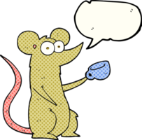 freehand drawn comic book speech bubble cartoon mouse with coffee cup png