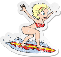 retro distressed sticker of a cartoon surfer girl png