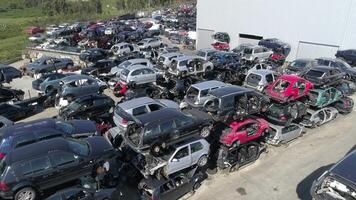 Aerial view of cars in car scrapyard video