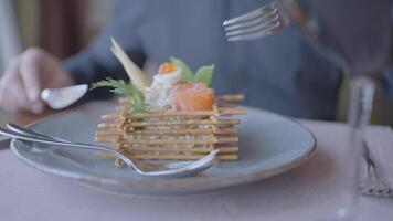 bellissimo cibo nel il ristorante. azione.ordinatamente di cui su insalata con gamberetto su un' piatto quello è raccolto con un' forchetta. video