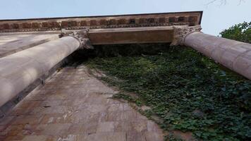 Breathtaking ivy facade of an old castle building. Action. Bottom view of a stone temple wall with green ivy and pillars, concept of architecture. video