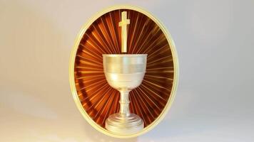Holy Grail and cross placed on designed frame against gray backdrop. 3d animation loop video