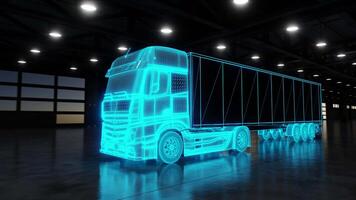 3D animation loop of glowing blue truck in logistic center video