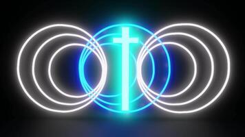 Neon cross framed by blue and white neon circles. 3d animation loop video