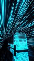 3D animation loop of neon truck riding fast. Vertical orientation video