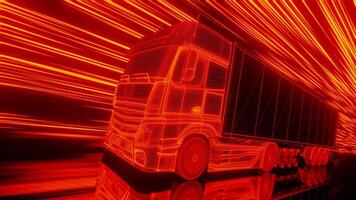 3d animación lazo de rojo neón camión montando rápido video