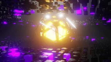 3D render of glowing sphere in wireframe hexagon spinning amidst cubes video