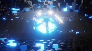 3D render of glowing sphere in wireframe hexagon spinning amidst cubes video