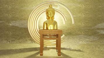 Golden Buddha statue on wooden stand. 3d render animation video