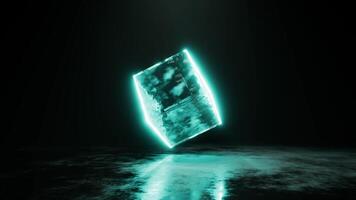 3D render animation loop of glowing neon cube and reflecting floor video