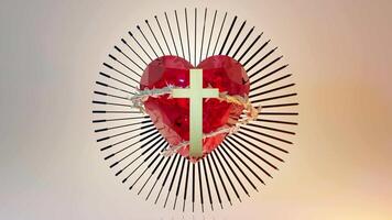 Heart with a christian golden cross in the middle. 3d animation video