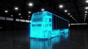 3D animation of glowing blue commercial land vehicle in illuminated garage video