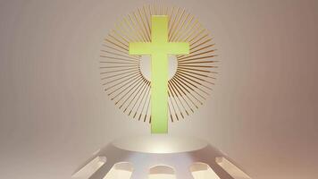 Holy cross near luminous stand with decorative elements. 3d animation loop video