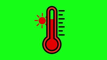 chaud, ensoleillé temps. thermomètre icône animation sur vert Contexte video