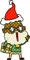 Comic-Stil Illustration eines fröhlichen Mannes mit Bart und Paket unter dem Arm mit Weihnachtsmütze png