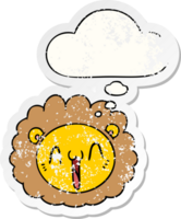 visage de lion de dessin animé et bulle de pensée comme un autocollant usé en détresse png