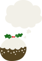 pudín de navidad de dibujos animados y burbuja de pensamiento en estilo retro png