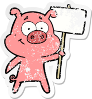 distressed sticker of a happy cartoon pig png