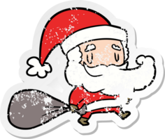 distressed sticker of a cartoon santa claus with sack png