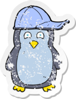 adesivo retrô angustiado de um pinguim de desenho animado usando chapéu png