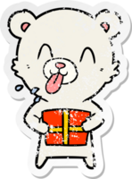 autocollant en détresse d'un ours polaire de dessin animé grossier qui sort la langue avec un cadeau png