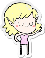 distressed sticker of a happy cartoon elf girl png