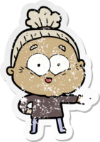 distressed sticker of a cartoon happy old woman png