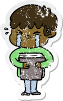 distressed sticker of a cartoon boy crying png