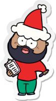 sticker cartoon of a bearded man with clipboard and pen wearing santa hat png